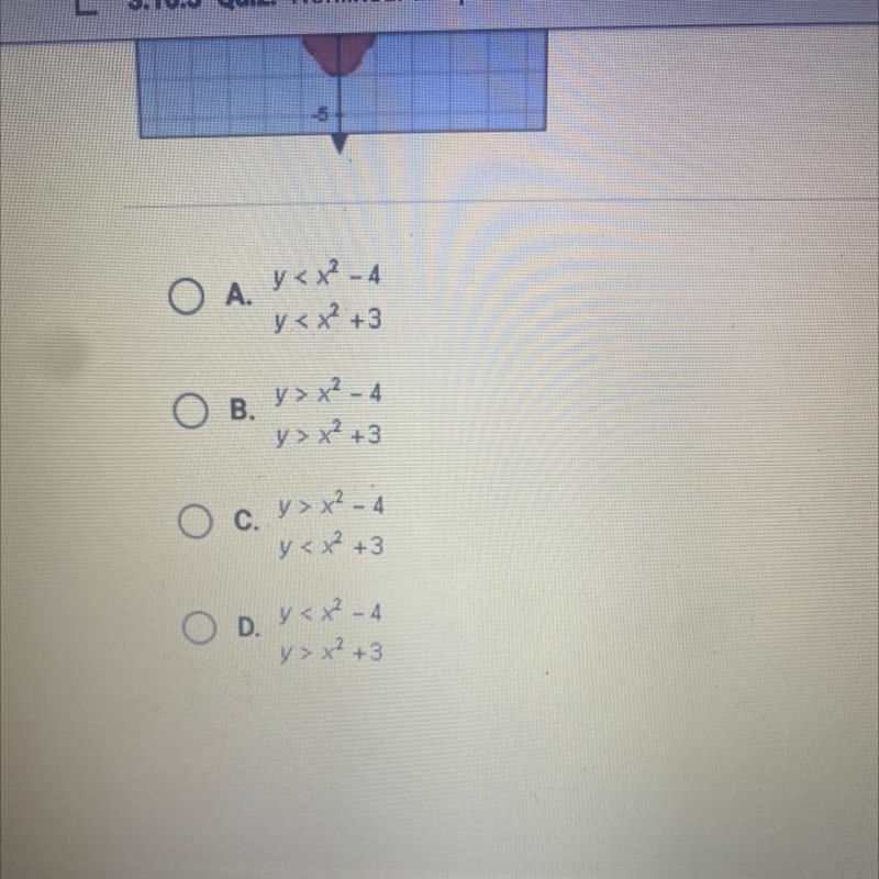 Question 5 of 10 Which system of inequalities is graphed below? 5 O A. y-example-1