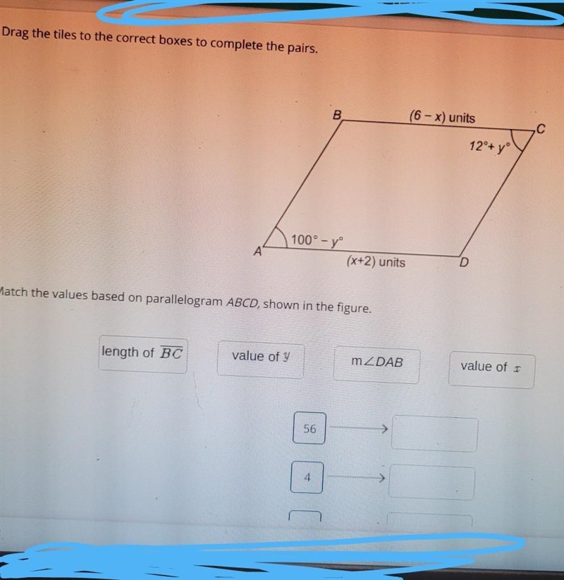 100° - y А (x+2) units Match the values based on parallelogram ABCD, shown in the-example-1