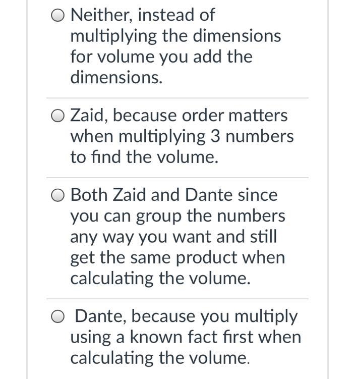 Zaid and Dante are calculating the volume of a rectangular prism that has the dimensions-example-1