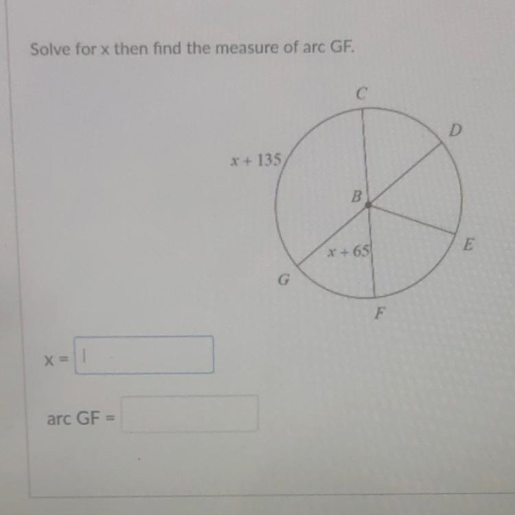 Solve for x then find the measure of arc GF.-example-1