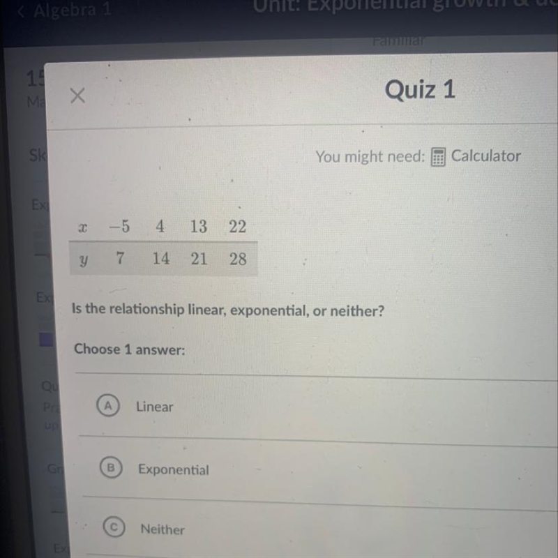 Is the relationship linear, exponential, or neither? Choose one answer.-example-1