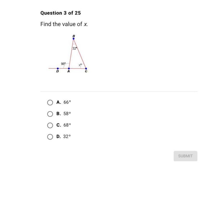 Find the value of x.A.66B.58C.68D.32-example-1