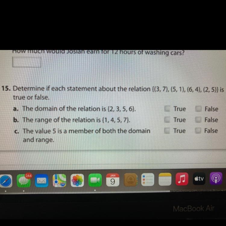 Determine if each statement about the relation {(3,7),(5,1),(6,4),(2,5)} is true or-example-1