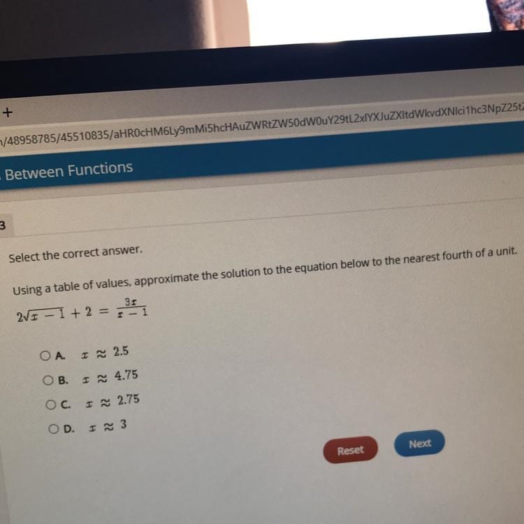 Select the correct answer. Using a table of values, approximate the solution to the-example-1