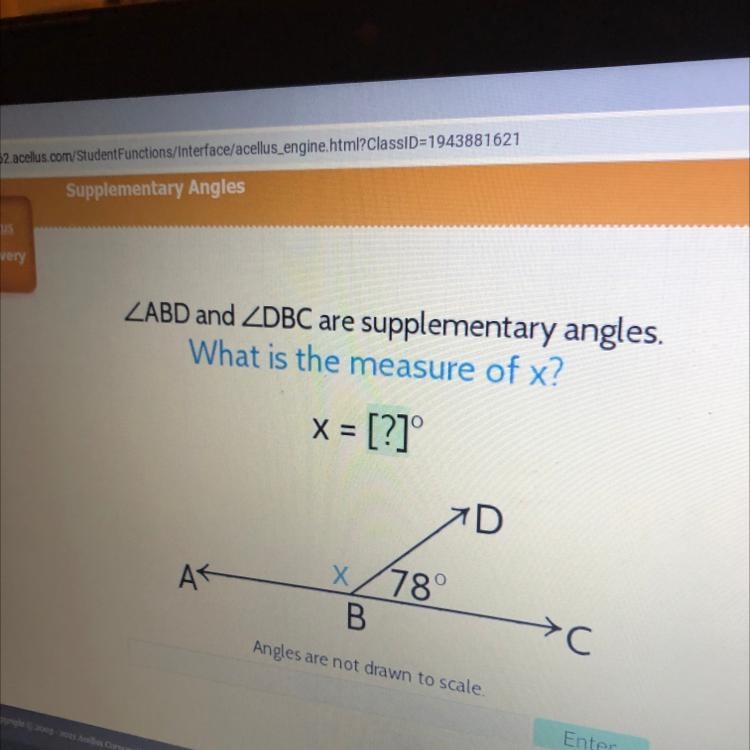 ZABD and DBC are supplementary angles What is the measure of x? x = [?] D As x 78 B-example-1