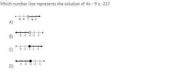 Which number line represents the solution of 4x - 9 > - 21?-example-1