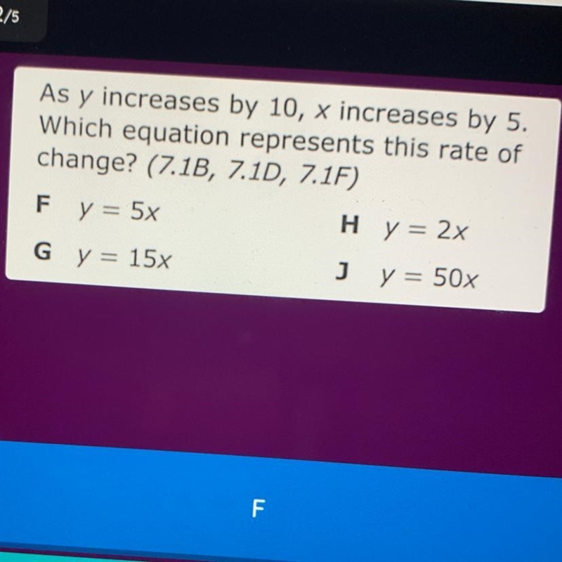 As y increases by 10, x increases by 5. Which equation represents this rate of change-example-1