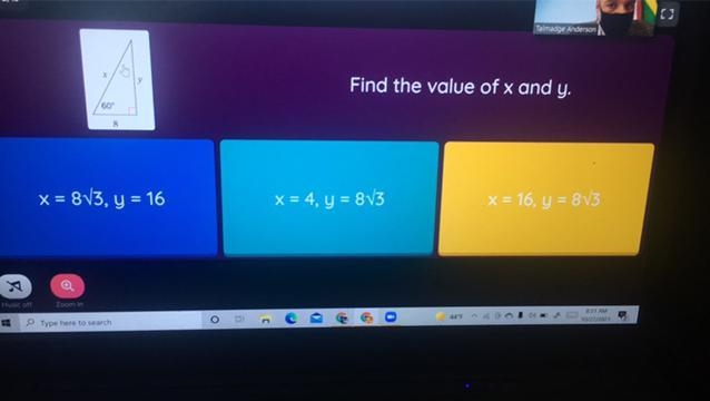 100 Points. Help solve. The sides are X, y, and 8. The reference angle is 60 degrees-example-1