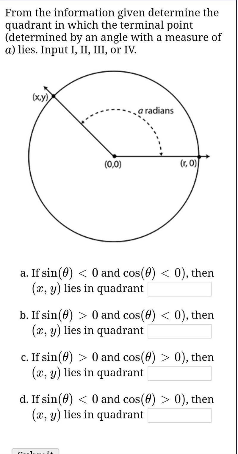 From the information given determine the quadrant in which the terminal point (determined-example-1