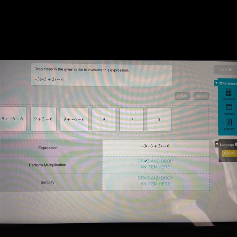 Drag steps in the given order to evaluate this expression, -3(-3+2) - 6-example-1