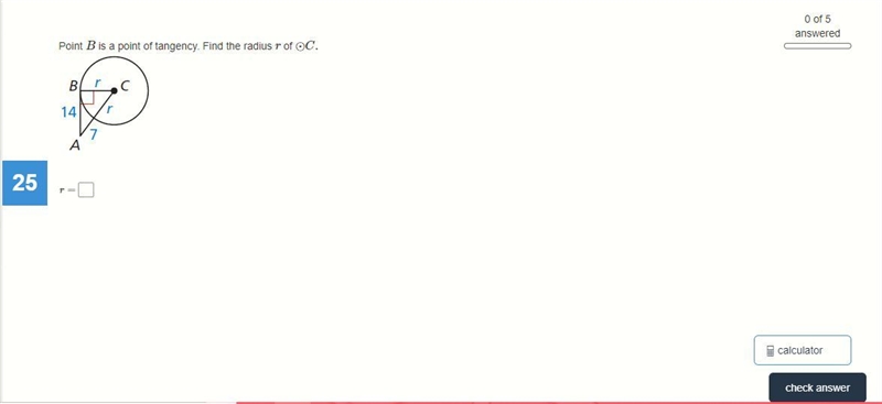 Point B is a point of tangency. Find the radius r of ⊙C.-example-1