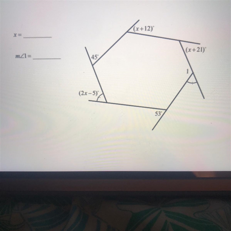 Find x = Find m<1= 6 sided polygon-example-1