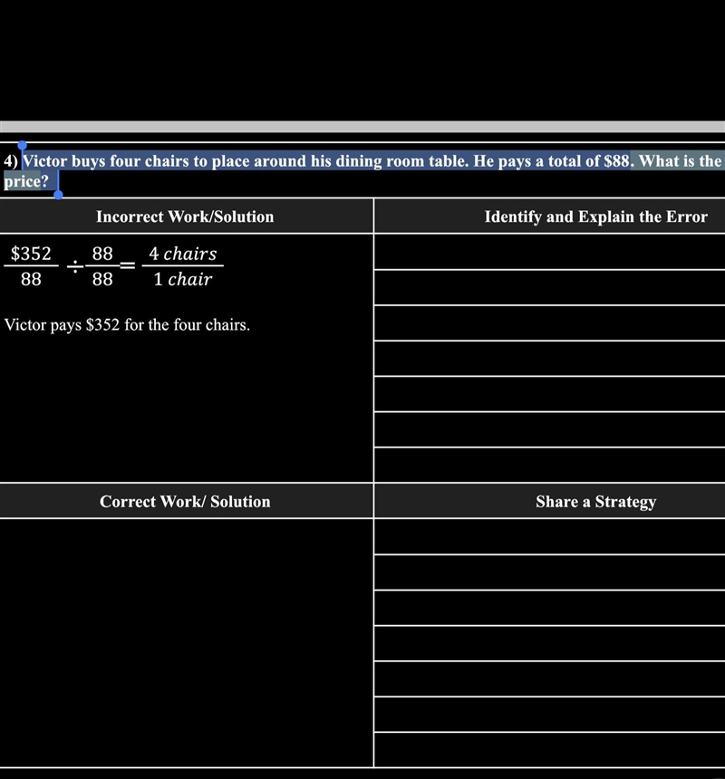 Victor buys four chairs to place around his dining room table. He pays a total of-example-1