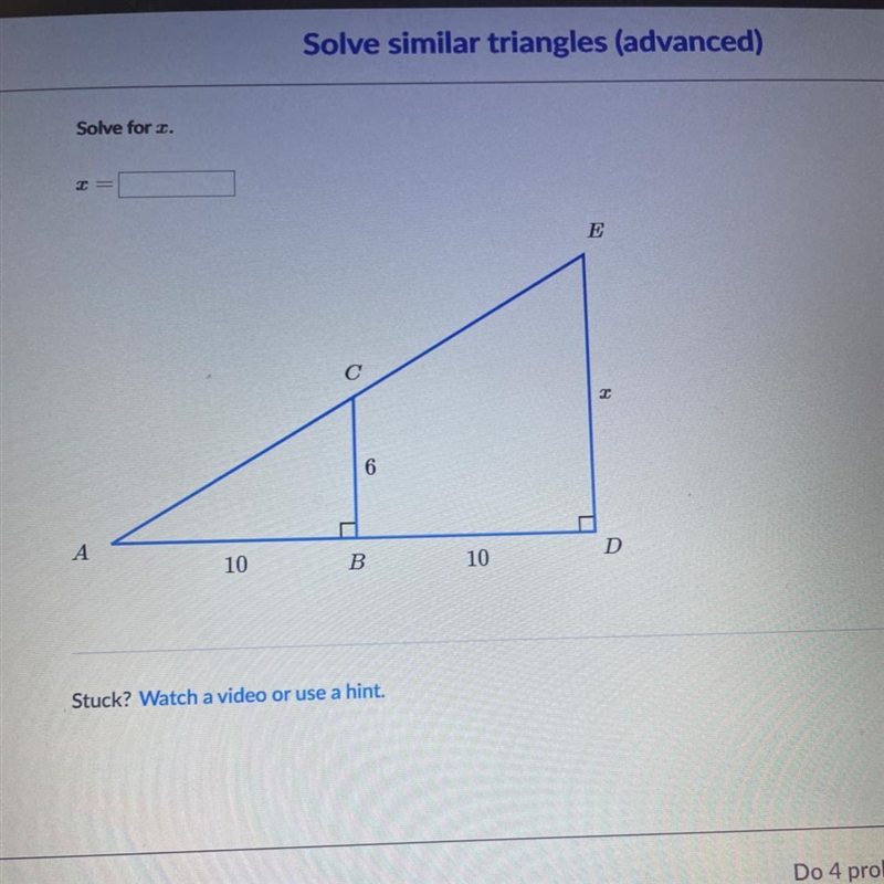 Solve similar triangles (advanced) solve for x-example-1