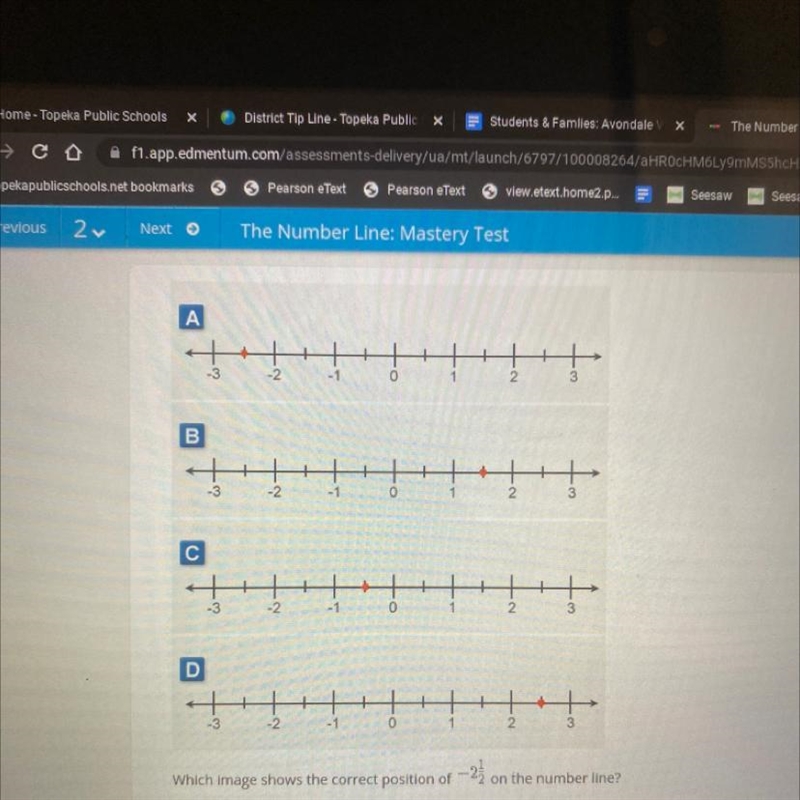 Which image shows the correct position of -23 on the number line? OA. A OB.B Ос. с-example-1