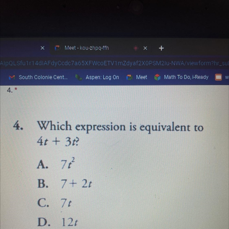 Which expression is equivalent to 4t + 3t-example-1