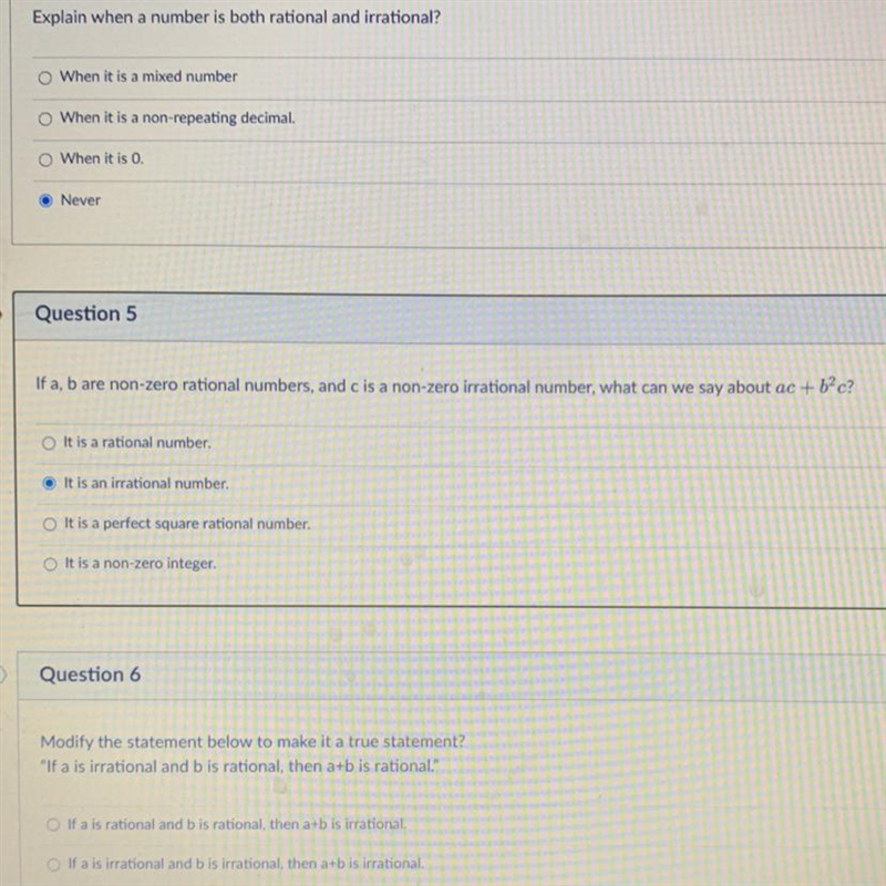 Question 5 If a, b are non-zero rational numbers, and c is a non-zero irrational number-example-1