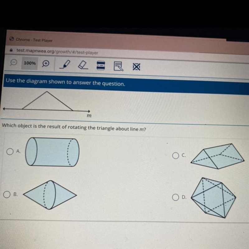 M Which object is the result of rotating the triangle about line m? B. 00 HELPPPPPLL-example-1