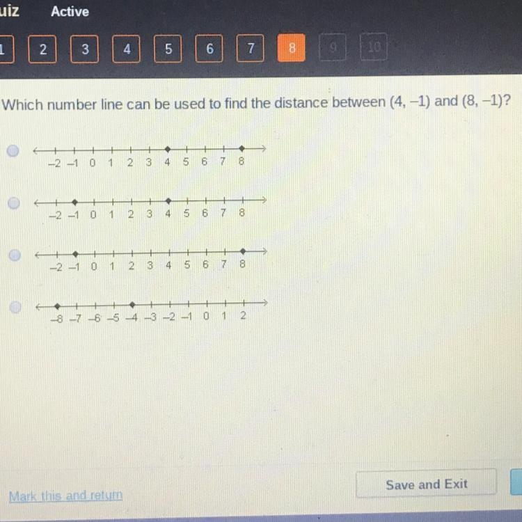 Which number line can be used to find the distance between (4, -1) and (8, -1)?-example-1