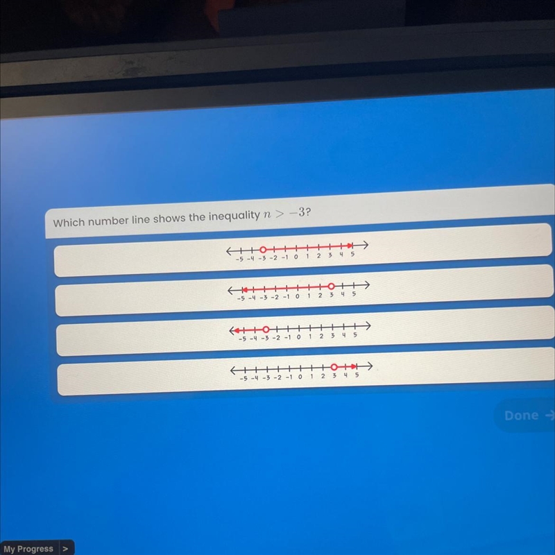 Which number line shows the inequality n > -3?-example-1