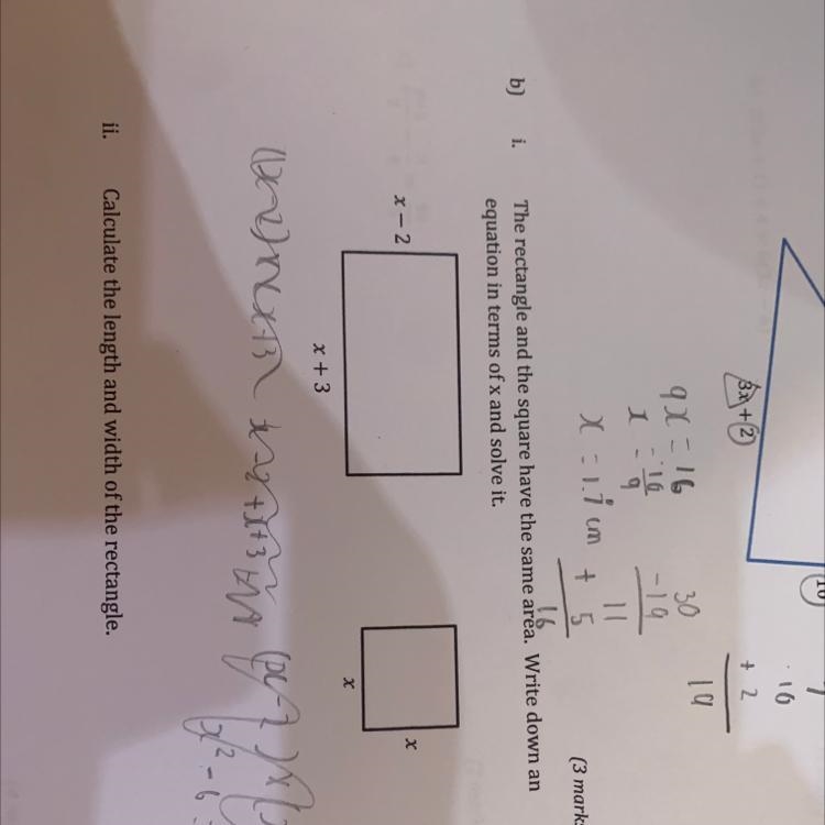 The rectangle and the square have the same area. Write down an equation in terms of-example-1