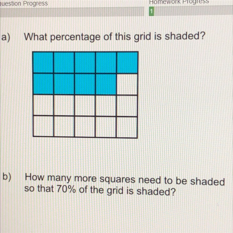 75% a) What percentage of this grid is shaded? 9/20 b) How many more squares need-example-1