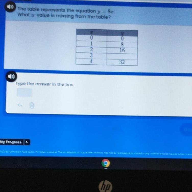 The table represents the equation y= 8x what y= value is missing from the table?-example-1