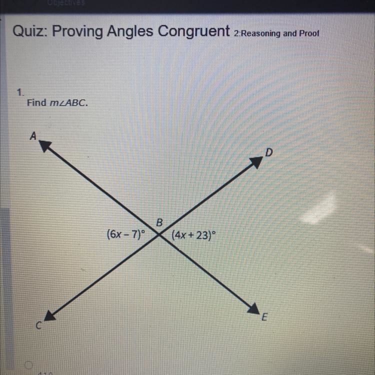 1. Find m2ABC. А (6x - 7)º B (4x + 23)-example-1