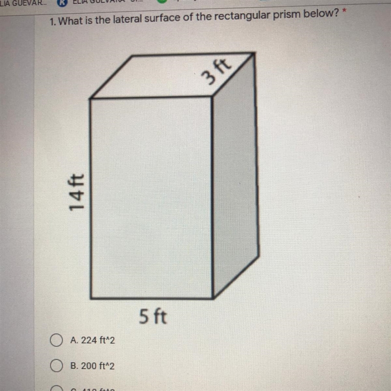 What is the lateral surface of the rectangular prism below 3 ft 14ft 5 ft-example-1