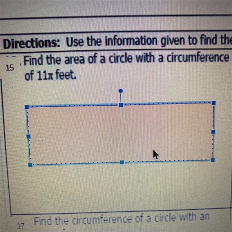 Find the area of a circle with a circumference of 11pi feet.-example-1