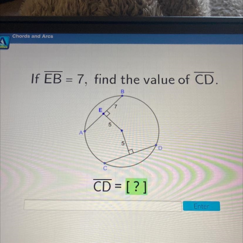 If EB = 7, find the value of CD. B 7 E 5 A 5 D С CD = [?]-example-1