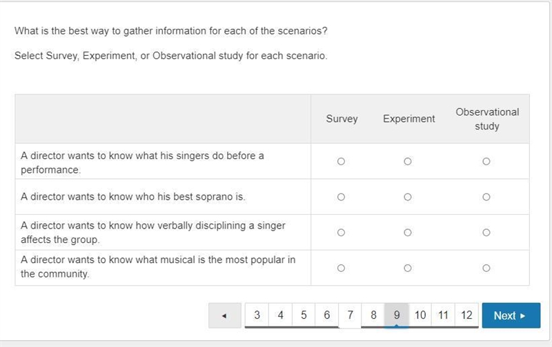 What is the best way to gather information for each of the scenarios? Select Survey-example-1