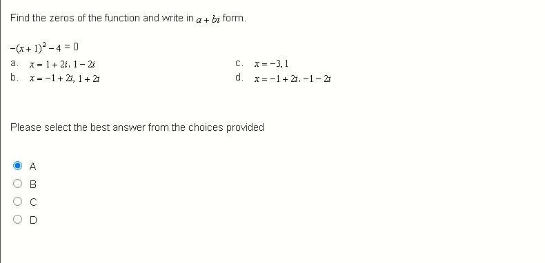 LAST ONE, ON A TIMER. Find the zeros of the function and write in a + bi form. -(x-example-1