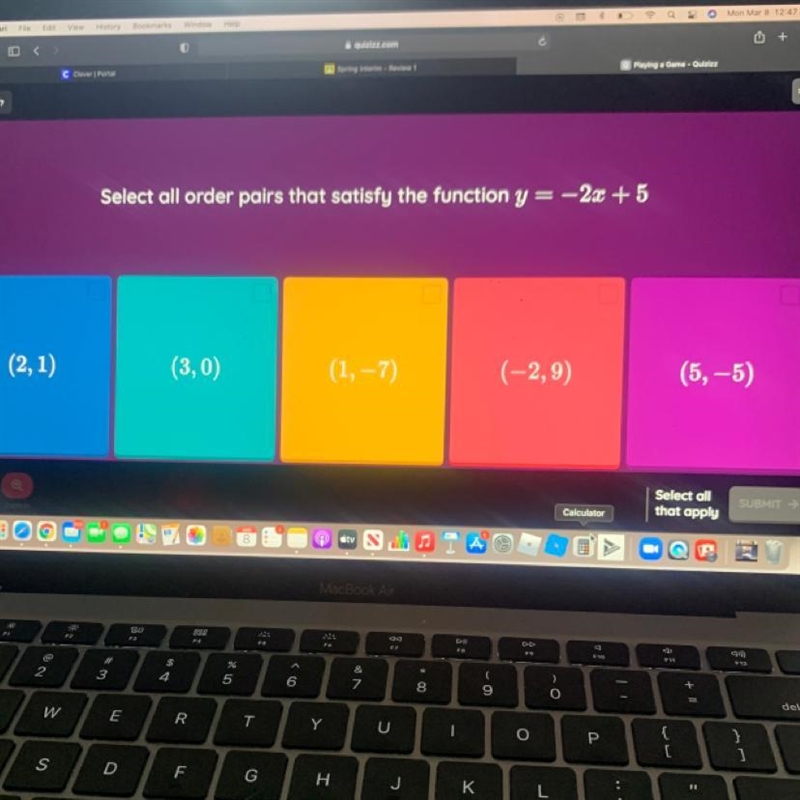 Select all order pairs that satisfy the function y = -2x + 5 (2,1) (3,0) (1, -7) (-2,9) (5, 5)-example-1