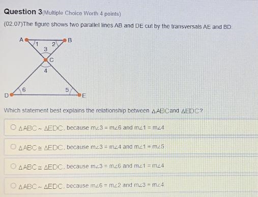 HELP ASAP The figure shows two parallel lines AB and DE cut by the transversals AE-example-1