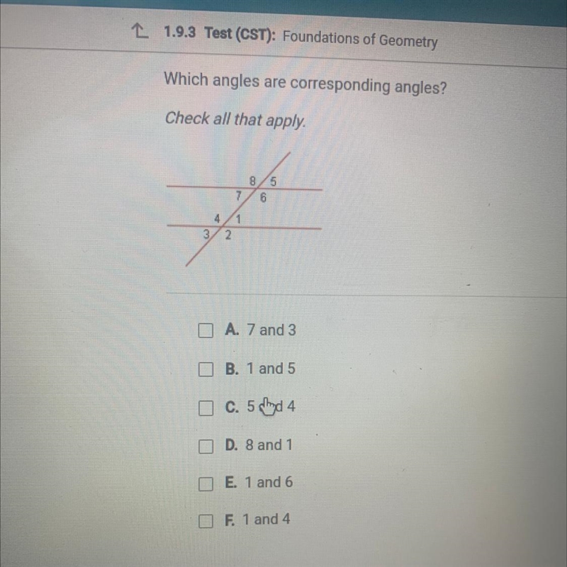 Which angels are corresponding angles? Check all that apply-example-1