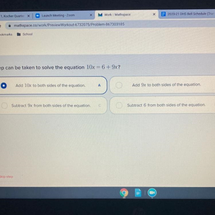 What step can be taken to solve the equation 10x = 6 + 9x?-example-1