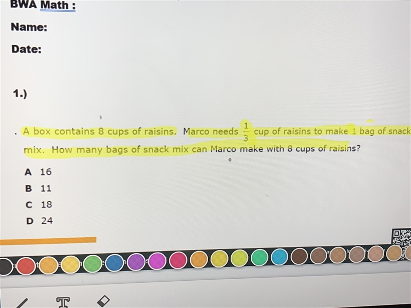 A box contains 8 cups of raisins Marco needs 1/3 cup of raisins to make 1 bag of snacks-example-1