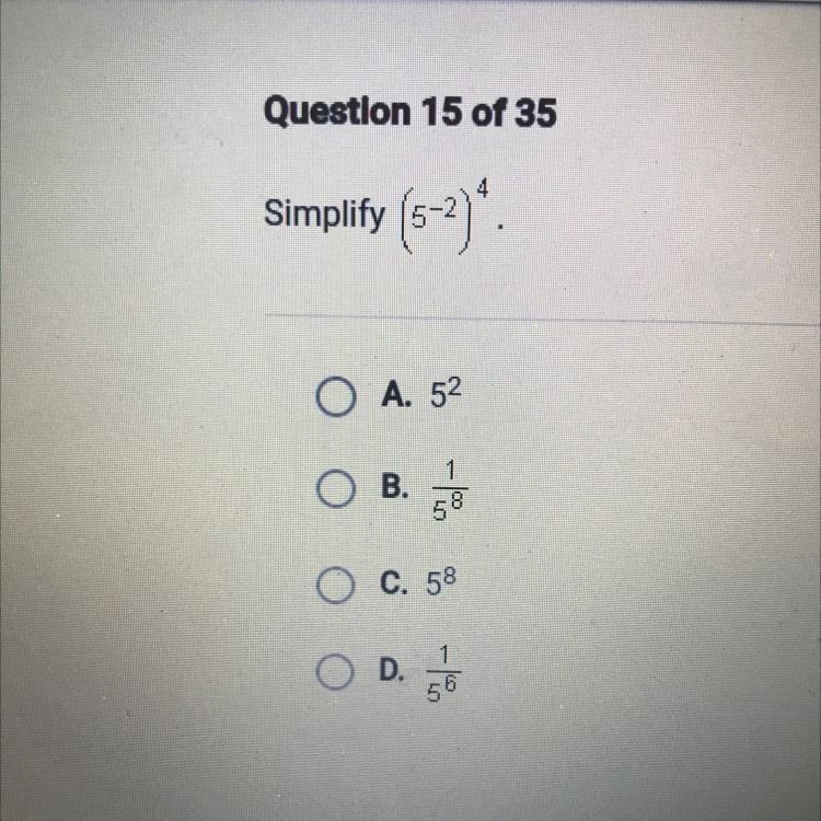 Simplify (5^-2)^4. Plsss help-example-1