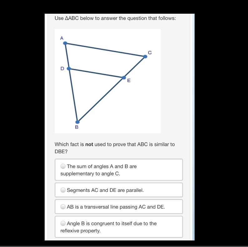 Which fact is not used to prove that ABC is similar to DBE?-example-1