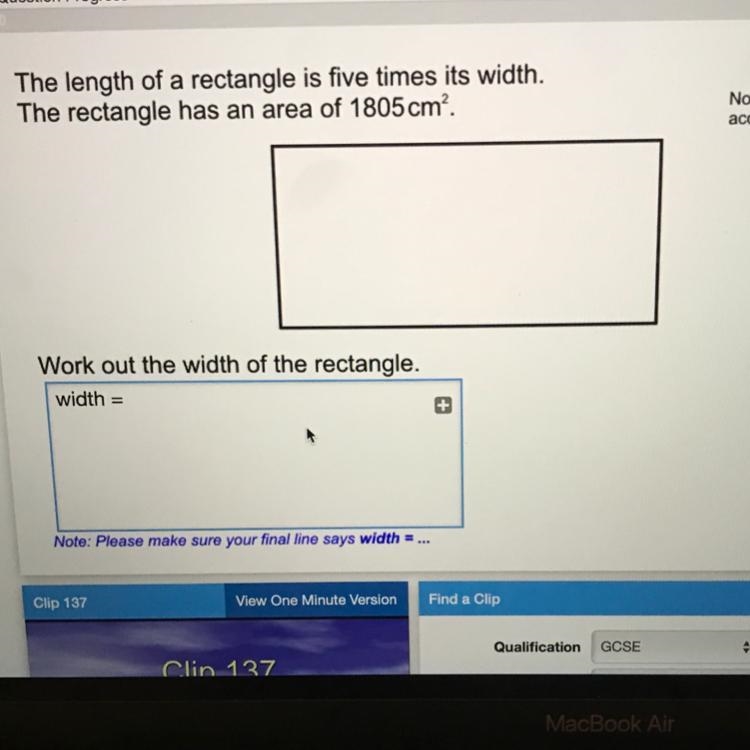 Help ASAP please The length of a rectangle is five times its width. The rectangle-example-1