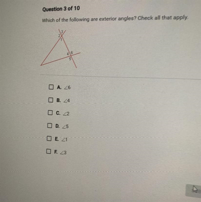 Which of the following are exterior angles? Check all that apply.-example-1