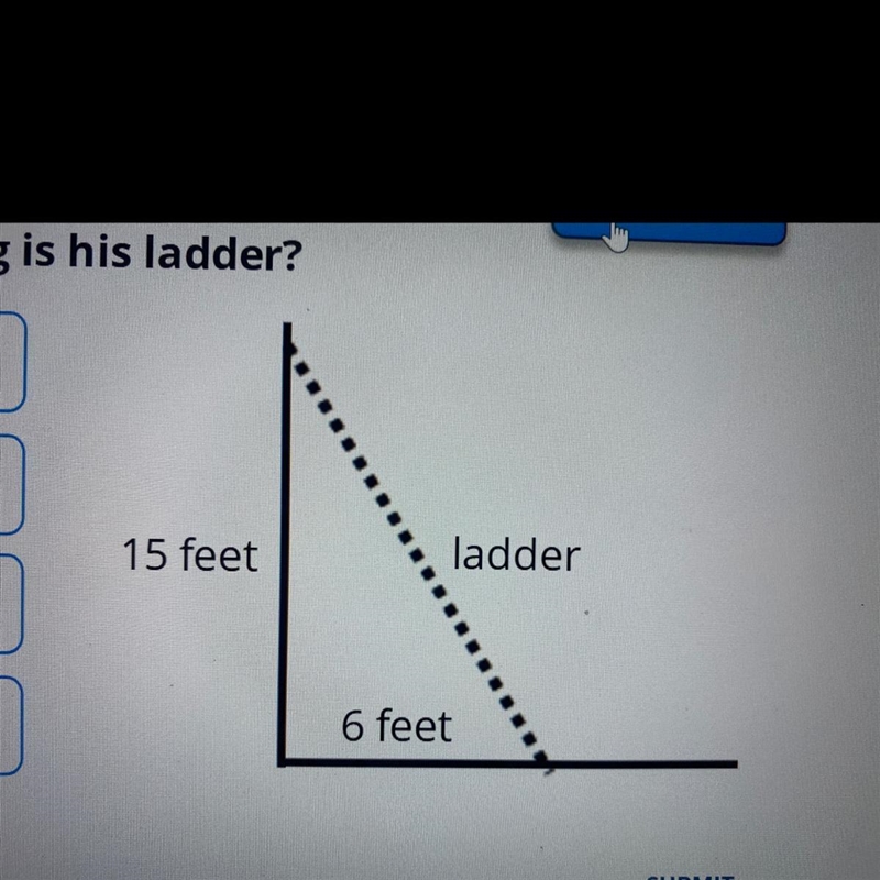 Ben positions his ladder against a wall so that the top of the ladder is 15 feet above-example-1