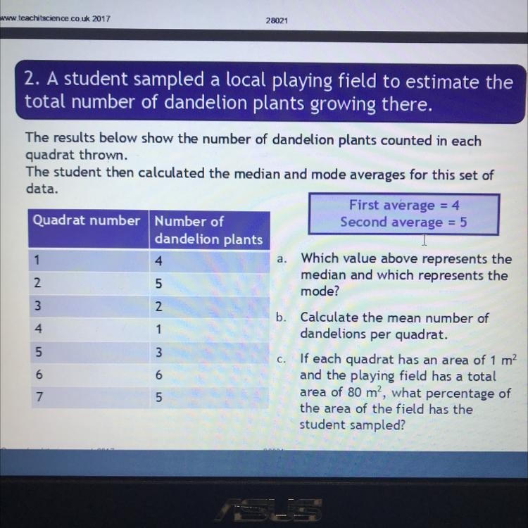 Maths in science A student sampled a local playing field to estimate the total number-example-1