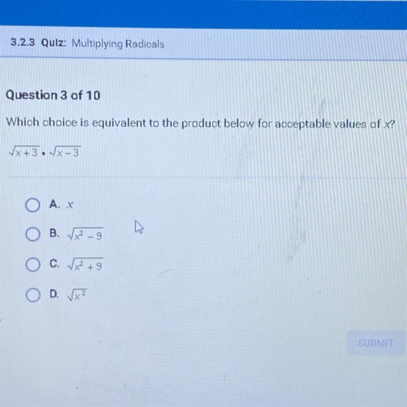 Which choice is equivalent to the product below for acceptable values of x? √x+3. fx-example-1