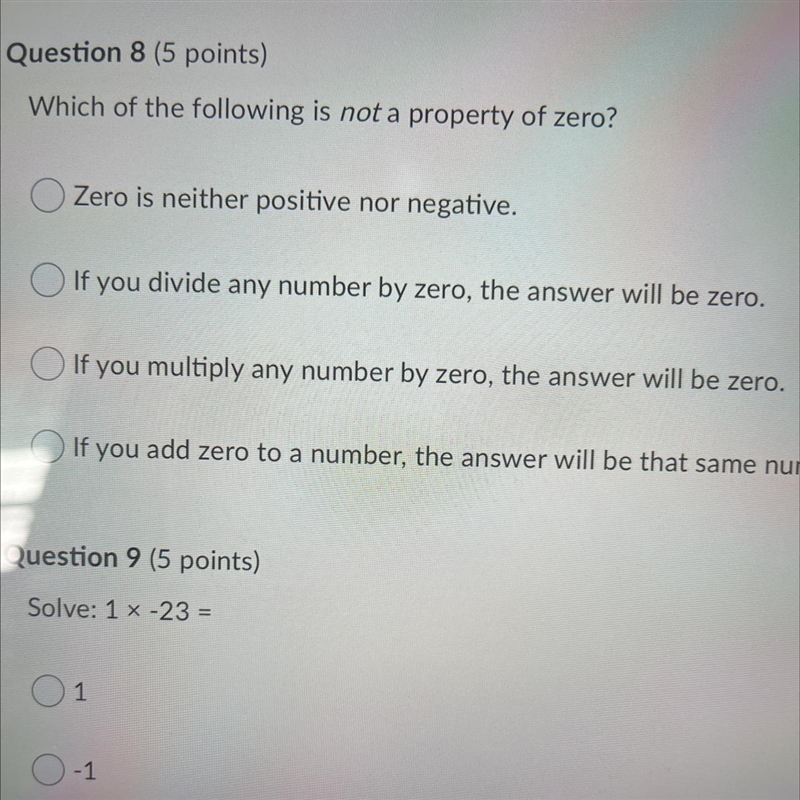 Which of the following is not a property of zero?-example-1