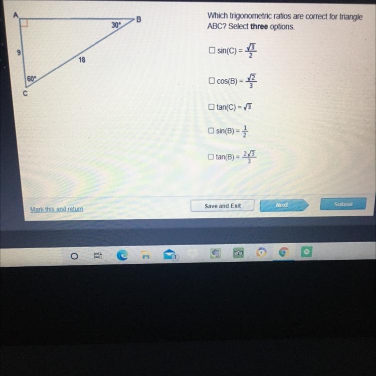 Which trigonometric ratios are correct for triangle ABC? Select three options.-example-1