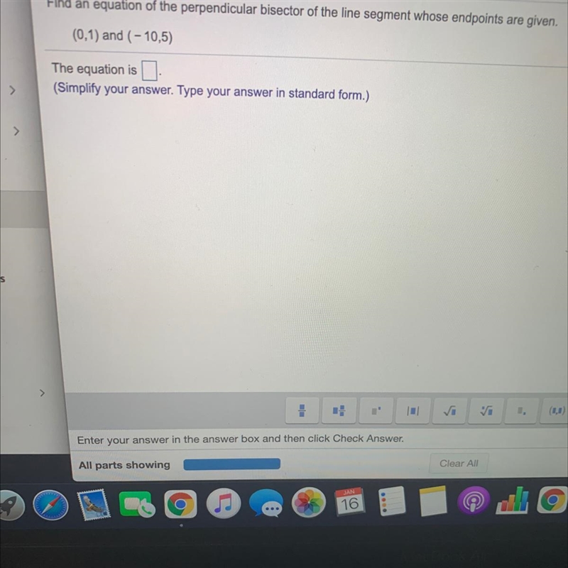 Find an equation of the perpendicular bisector of the line segment whose endpoints-example-1