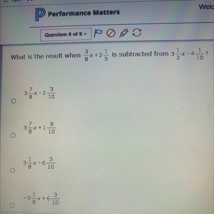 What is the result when 3/8x + 2 1/5 is subtracted from 3 1/3x + -4 1/10-example-1