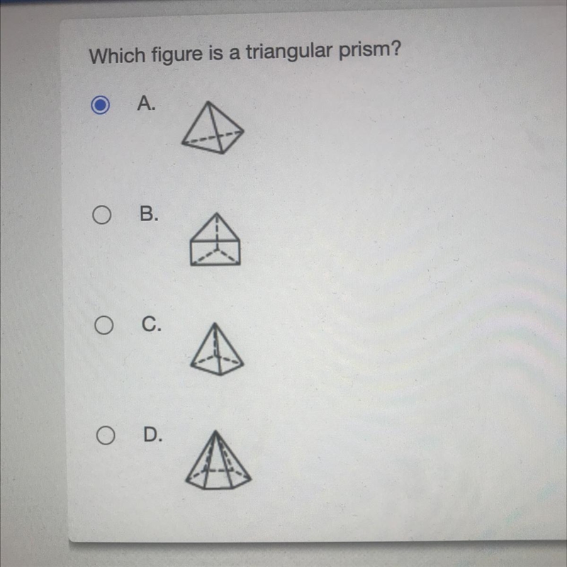 Which figure is a triangular prism?-example-1